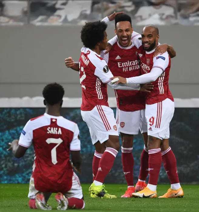 Framed Print : Arsenal's Aubameyang, Lacazette, Willian, and Saka Celebrate Goals Against SL Benfica in Europa League Framed Print : Arsenal's Aubameyang, Lacazette, Willian, and Saka Celebrate Goals Against SL Benfica in Europa League
