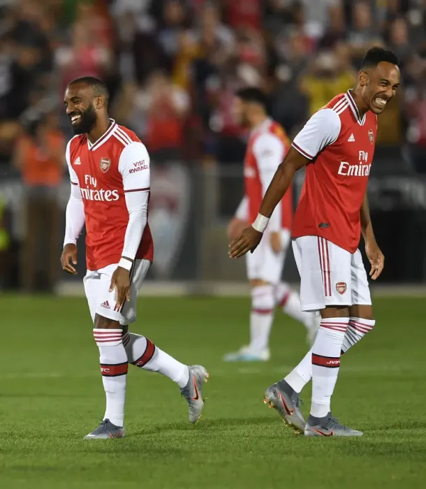 Framed Print : Arsenal's Aubameyang and Lacazette in Action against Colorado Rapids (2019-20) Framed Print : Arsenal's Aubameyang and Lacazette in Action against Colorado Rapids (2019-20)