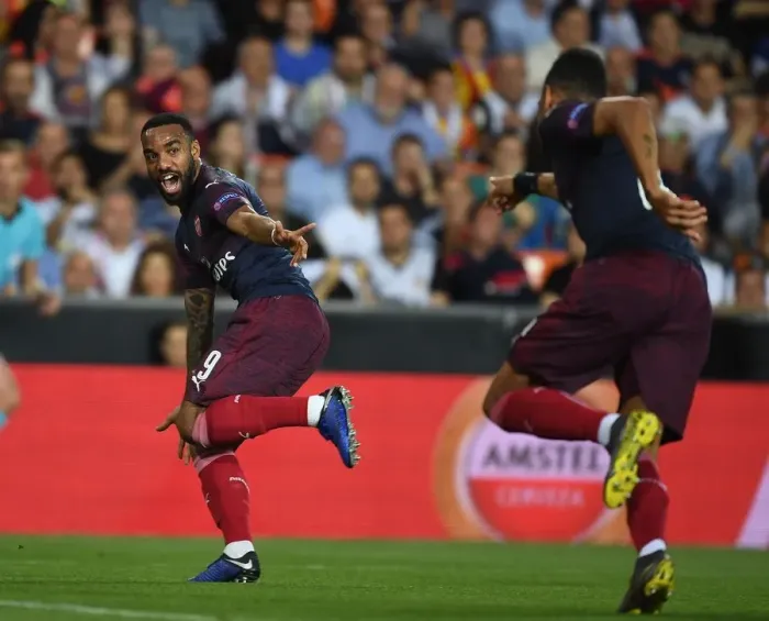 Framed Print : Arsenal's Aubameyang and Lacazette Celebrate Goal in Europa League Semi-Final vs Valencia