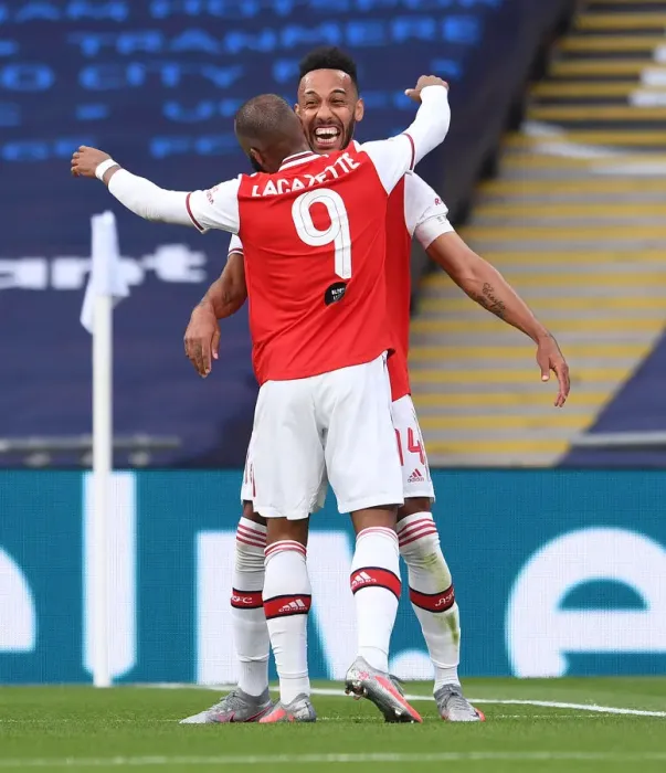 Framed Print : Arsenal's Aubameyang and Lacazette Celebrate Goal in FA Cup Semi-Final Victory over Manchester City