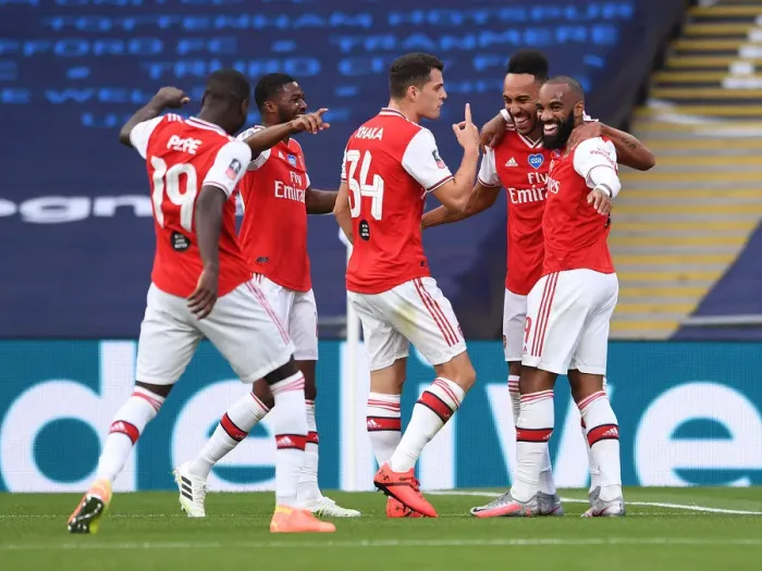 Framed Print : Arsenal's Aubameyang and Lacazette Celebrate Goal in FA Cup Semi-Final Victory over Manchester City