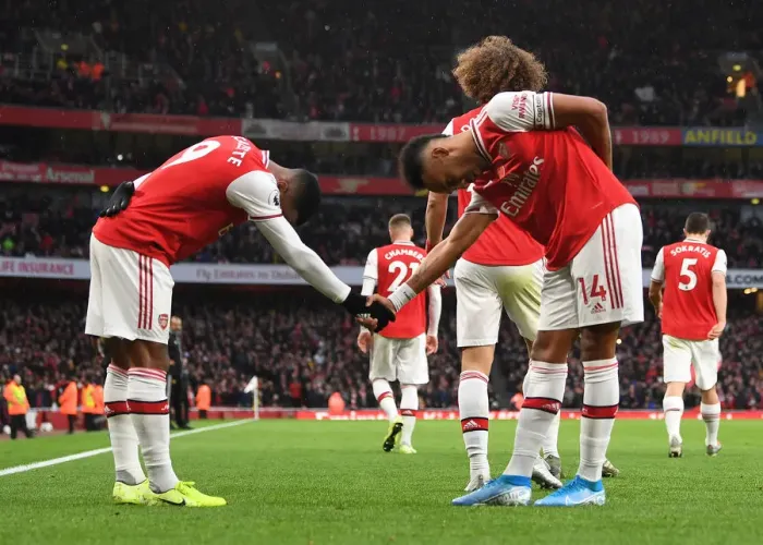 Framed Print : Arsenal's Aubameyang and Lacazette Celebrate Goal vs. Wolverhampton Wanderers (2019-20)
