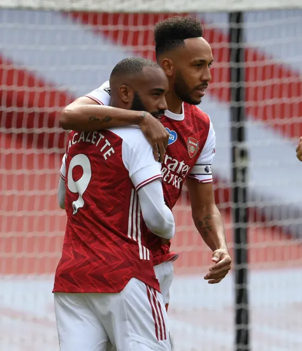 Framed Print : Arsenal's Aubameyang and Lacazette Celebrate Goal Against Watford (2019-20) Framed Print : Arsenal's Aubameyang and Lacazette Celebrate Goal Against Watford (2019-20)