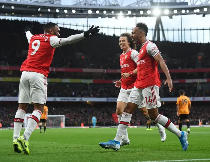 Framed Print : Arsenal's Aubameyang and Lacazette Celebrate Goal Against Wolverhampton Wanderers, Premier League 2019-20