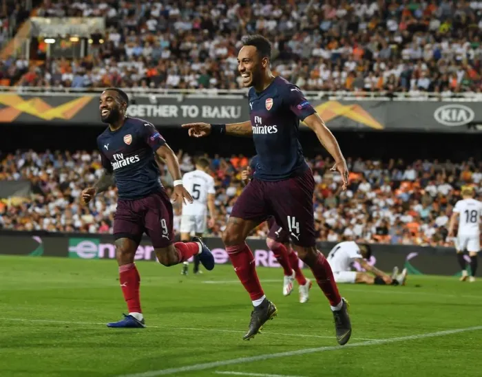 Framed Print : Arsenal's Aubameyang and Lacazette Celebrate Goals in Europa League Semi-Final against Valencia