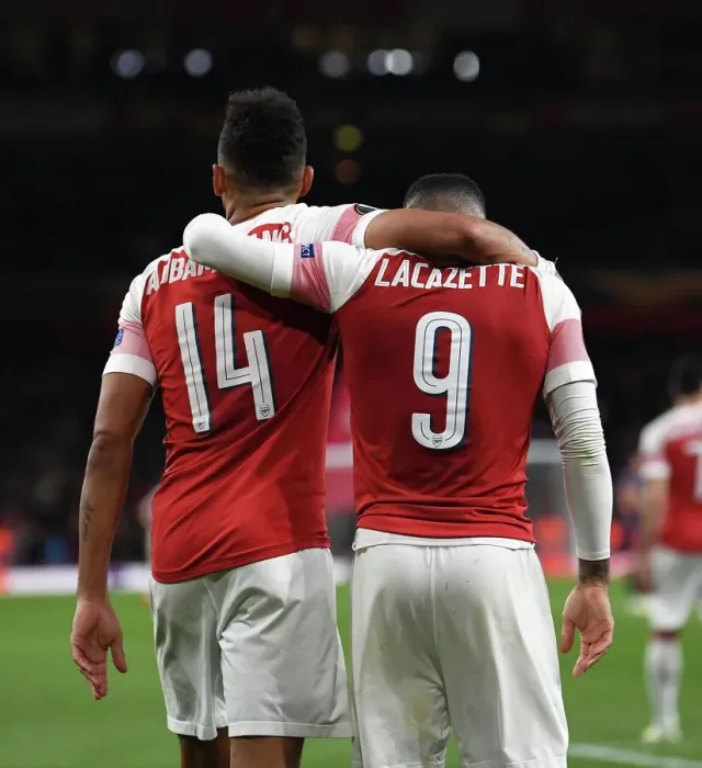 Framed Print : Arsenal's Aubameyang and Lacazette Celebrate Goals in Europa League Semi-Final vs Valencia Framed Print : Arsenal's Aubameyang and Lacazette Celebrate Goals in Europa League Semi-Final vs Valencia