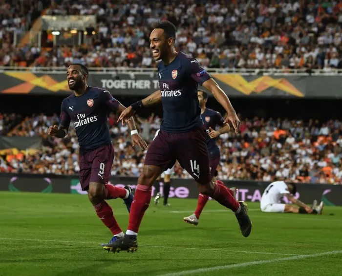 Framed Print : Arsenal's Aubameyang and Lacazette Celebrate Goals in Europa League Semi-Final vs Valencia