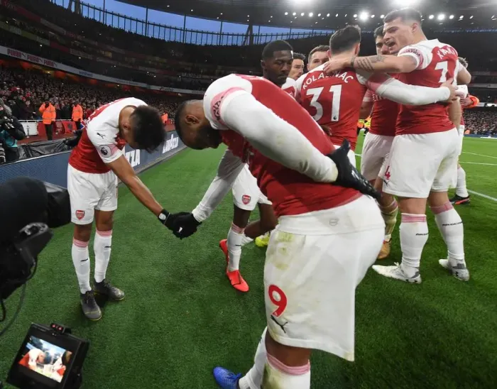 Framed Print : Arsenal's Aubameyang and Lacazette Celebrate Goals Against Manchester United (2018-19)