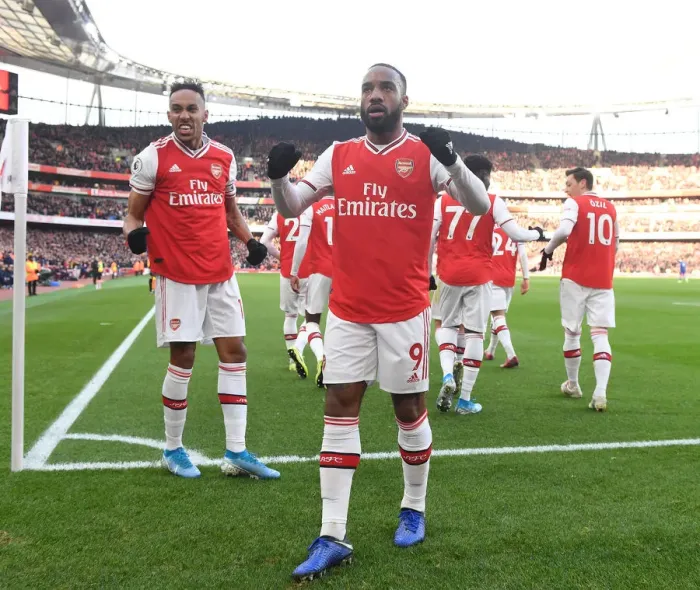 Framed Print : Arsenal's Aubameyang and Lacazette: Celebrating Glory Against Chelsea in a Thrilling Premier League Clash Framed Print : Arsenal's Aubameyang and Lacazette: Celebrating Glory Against Chelsea in a Thrilling Premier League Clash