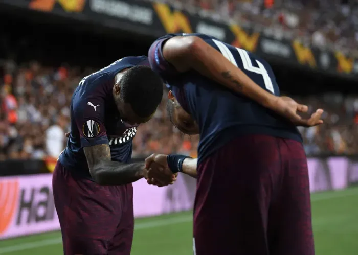Framed Print : Arsenal's Aubameyang and Lacazette: Europa League Semi-Final Goal Celebration vs Valencia