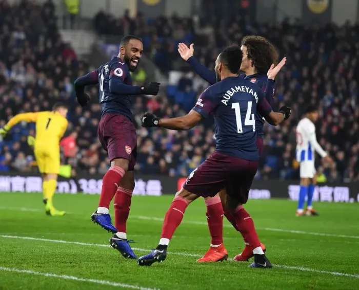 Framed Print : Arsenal's Aubameyang, Lacazette and Guebdouzi Celebrate Goal vs. Brighton (2018-19) Framed Print : Arsenal's Aubameyang, Lacazette and Guebdouzi Celebrate Goal vs. Brighton (2018-19)