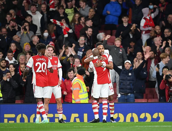 Arsenal's Aubameyang, Lacazette, Tavares, and Smith Rowe Celebrate Goals Against Aston Villa (2021-22)