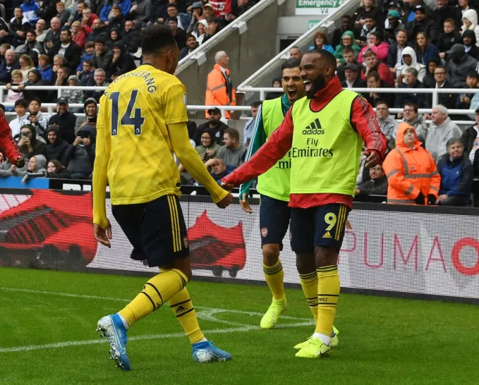 Framed Print : Arsenal's Aubameyang and Lacazette: Unstoppable Duo in Full Swing - Celebrating a Goal Against Newcastle United, 2019-20 Premier League Framed Print : Arsenal's Aubameyang and Lacazette: Unstoppable Duo in Full Swing - Celebrating a Goal Against Newcastle United, 2019-20 Premier League