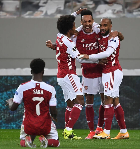 Arsenal's Aubameyang, Lacazette, Willian, and Saka Celebrate Goals Against SL Benfica in Europa League