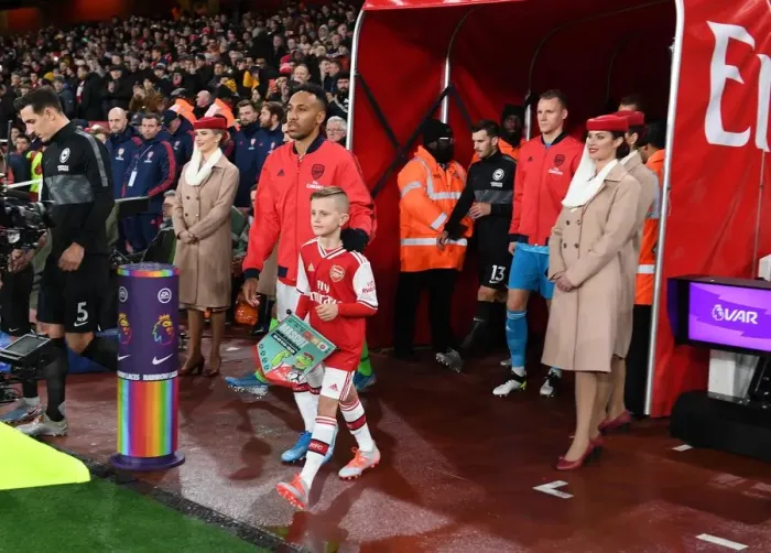 Framed Print : Arsenal's Aubameyang Leads Team Out Against Brighton in Premier League Showdown Framed Print : Arsenal's Aubameyang Leads Team Out Against Brighton in Premier League Showdown
