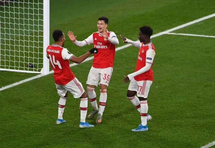 Framed Print : Arsenal's Aubameyang, Martinelli, and Saka Celebrate Goal vs Eintracht Frankfurt, UEFA Europa League 2019-20