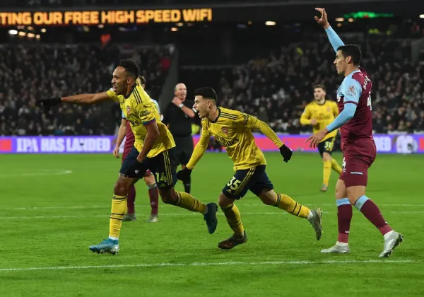 Arsenal FC Print: Aubameyang and Martinelli Celebrate Third Goal