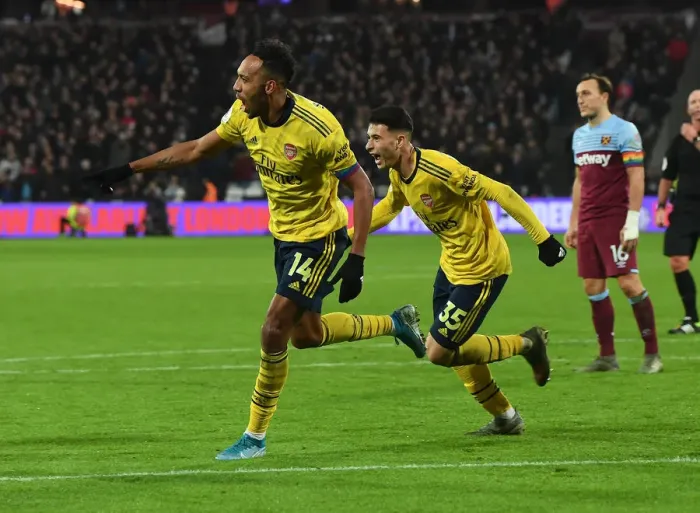 Framed Print : Arsenal's Aubameyang and Martinelli: Unstoppable Duo Net Third Goal vs. West Ham United (Premier League 2019-20)