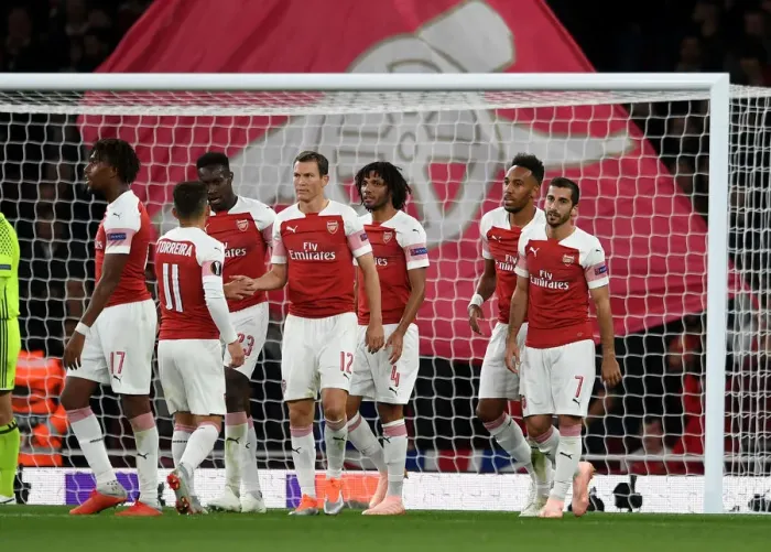 Framed Print : Arsenal's Aubameyang and Mkhitaryan Celebrate Double Strike in Europa League Match