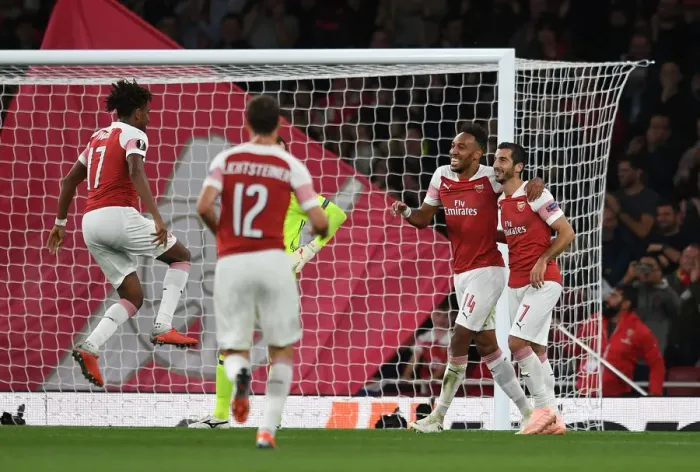 Framed Print : Arsenal's Aubameyang and Mkhitaryan Celebrate Goals in Europa League Win over Vorskla Poltava