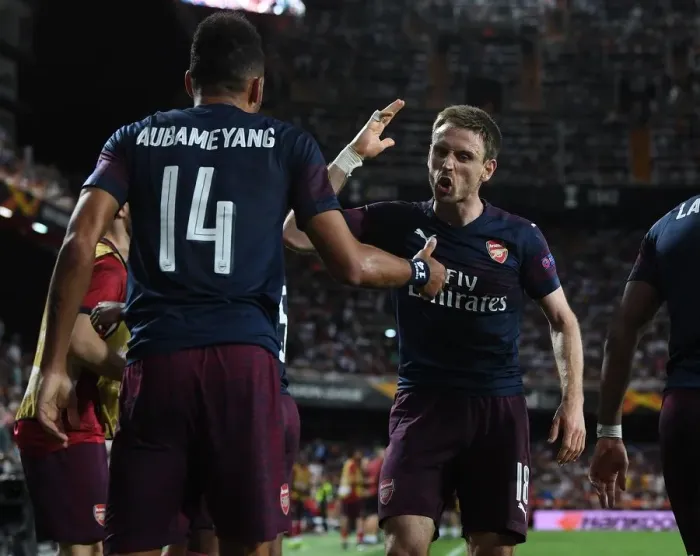 Framed Print : Arsenal's Aubameyang and Monreal Celebrate Goal in Europa League Semi-Final vs Valencia Framed Print : Arsenal's Aubameyang and Monreal Celebrate Goal in Europa League Semi-Final vs Valencia