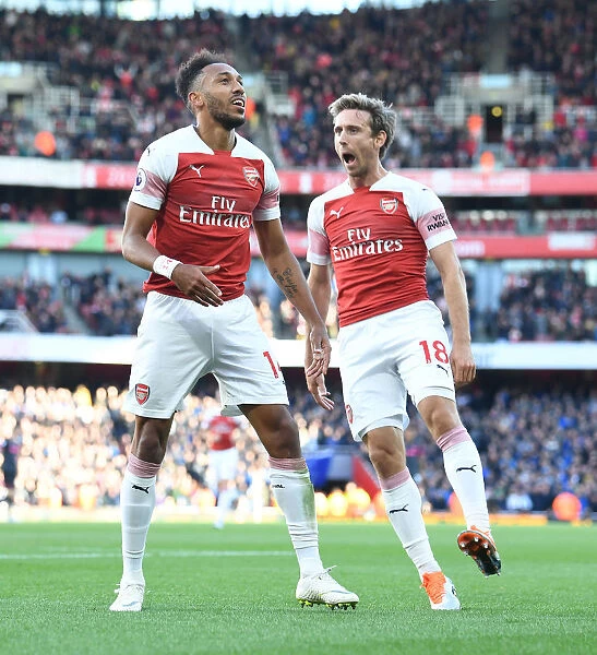 Arsenal's Aubameyang and Monreal Celebrate Goal vs. Everton (2018-19)