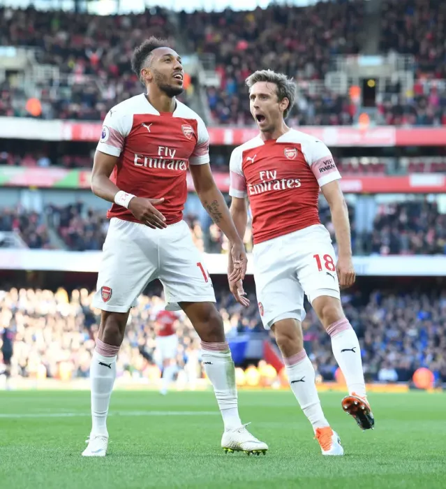 Framed Print : Arsenal's Aubameyang and Monreal Celebrate Goal vs. Everton (2018-19)