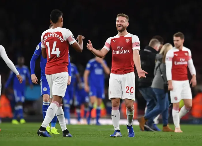 Framed Print : Arsenal's Aubameyang and Mustafi Celebrate Goal Against Leicester City Framed Print : Arsenal's Aubameyang and Mustafi Celebrate Goal Against Leicester City