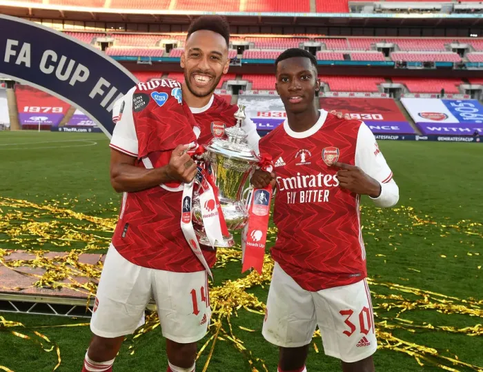 Framed Print : Arsenal's Aubameyang and Nketiah Celebrate FA Cup Victory Over Chelsea in Empty Wembley