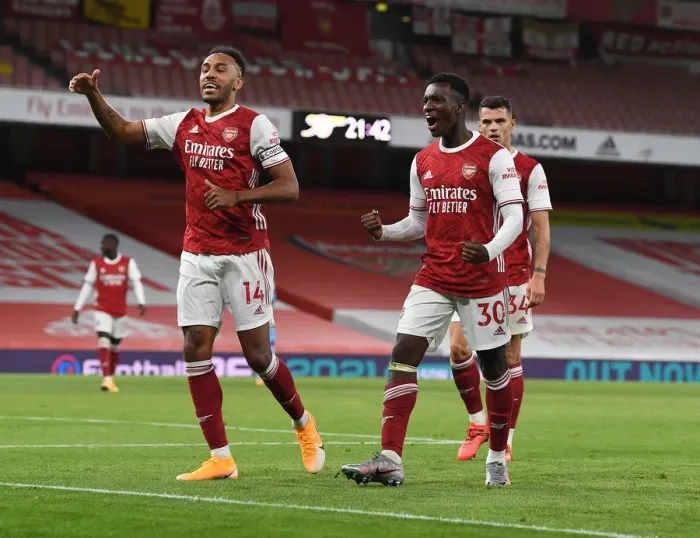 Framed Print : Arsenal's Aubameyang and Nketiah Celebrate Goals Against West Ham in 2020-21 Premier League Framed Print : Arsenal's Aubameyang and Nketiah Celebrate Goals Against West Ham in 2020-21 Premier League