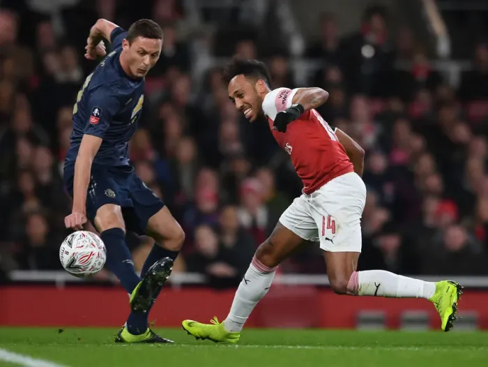Framed Print : Arsenal's Aubameyang Outmaneuvers Manchester United's Matic in FA Cup Clash Framed Print : Arsenal's Aubameyang Outmaneuvers Manchester United's Matic in FA Cup Clash