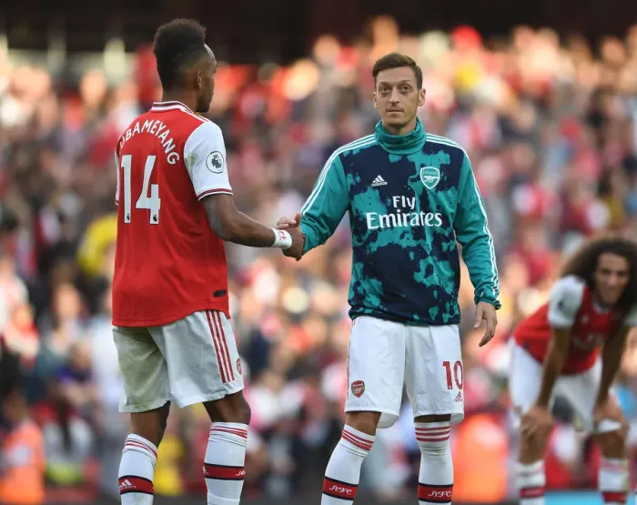 Framed Print : Arsenal's Aubameyang and Ozil: A Post-Match Moment at the Emirates, Arsenal v Tottenham, Premier League 2019-20