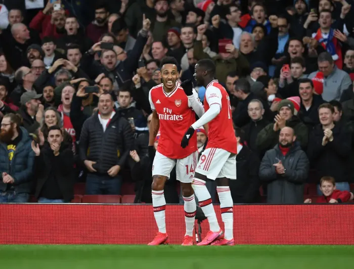 Framed Print : Arsenal's Aubameyang and Pepe Celebrate Goals Against Everton in Premier League Showdown (2020)