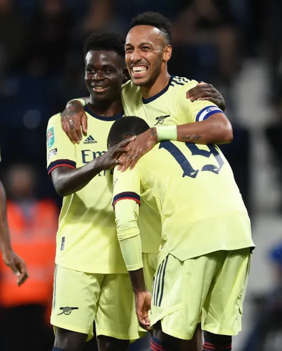 Framed Print : Arsenal's Aubameyang and Pepe Celebrate Goals Against West Brom in Carabao Cup