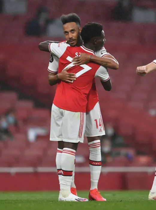 Framed Print : Arsenal's Aubameyang and Saka Celebrate Goal Against Leicester City (2019-20)
