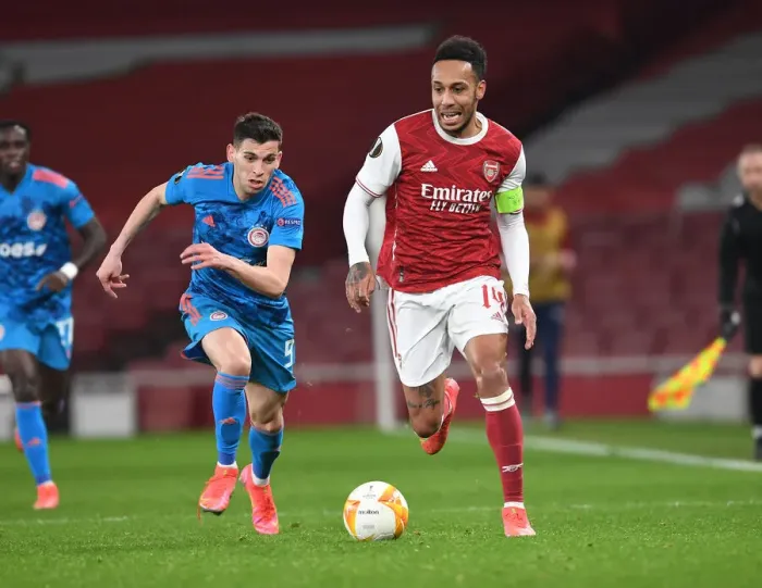 Framed Print : Arsenal's Aubameyang Scores Alone: UEFA Europa League Round of 16 (2020-21) at Empty Emirates