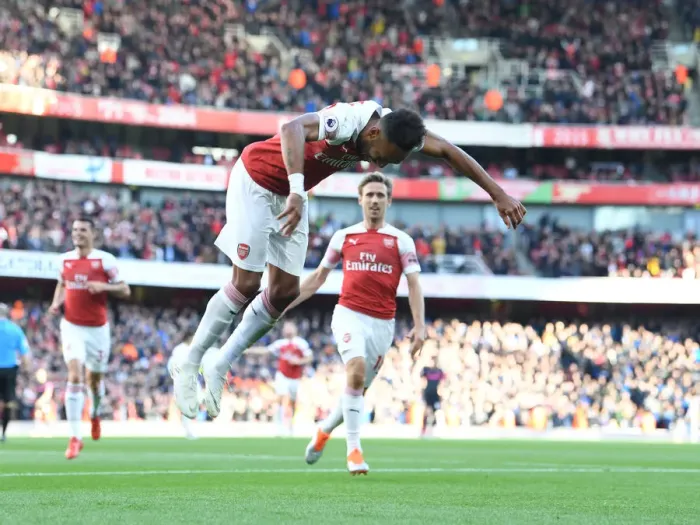 Framed Print : Arsenal's Aubameyang Scores Brace: Arsenal Victorious over Everton (2018-19)