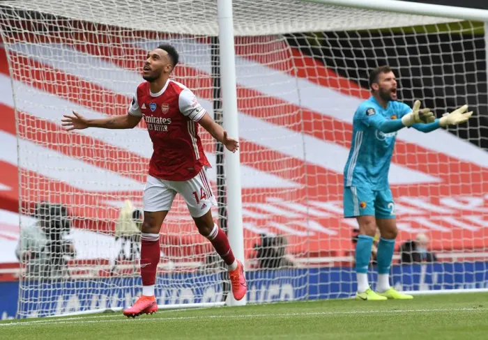 Framed Print : Arsenal's Aubameyang Scores Brace: Arsenal's Triumph Over Watford (2019-20)