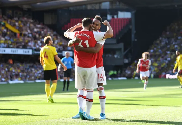 Framed Print : Arsenal's Aubameyang Scores Brace: Arsenal's Victory Over Watford (2019-20)