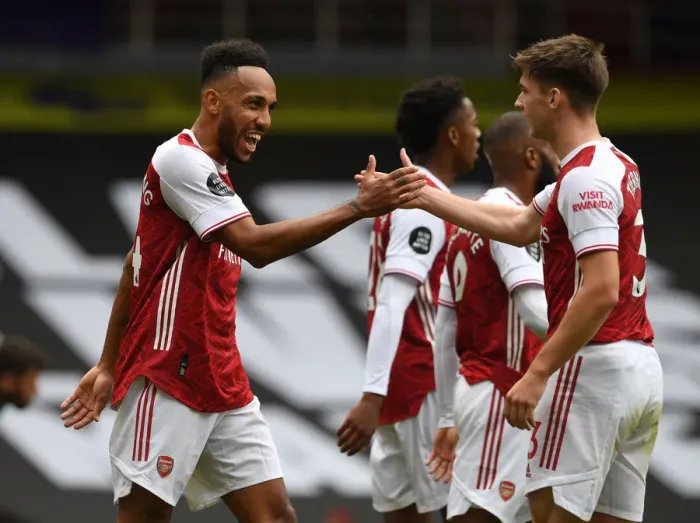 Framed Print : Arsenal's Aubameyang Scores Brace: Gunners Secure Victory Over Watford in Premier League Clash (2019-20)