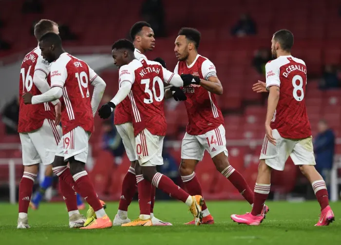 Framed Print : Arsenal's Aubameyang Scores, Celebrates with Magalhaes vs Southampton (2020-21)