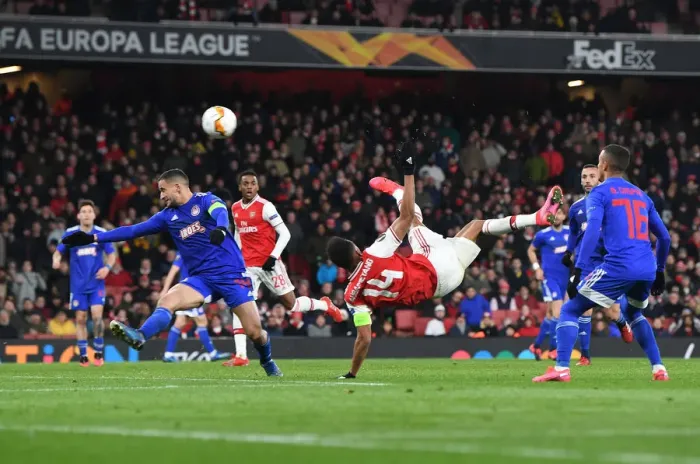 Framed Print : Arsenal's Aubameyang Scores Decisive Goal, Securing Europa League Victory over Olympiacos Framed Print : Arsenal's Aubameyang Scores Decisive Goal, Securing Europa League Victory over Olympiacos
