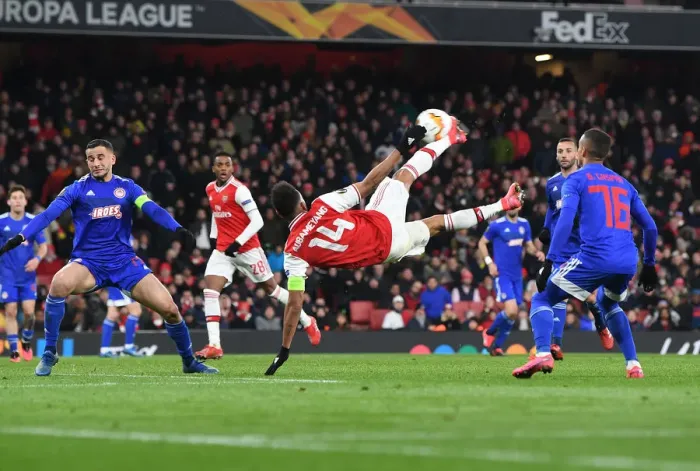 Framed Print : Arsenal's Aubameyang Scores Decisive Goal vs. Olympiacos in Europa League Framed Print : Arsenal's Aubameyang Scores Decisive Goal vs. Olympiacos in Europa League