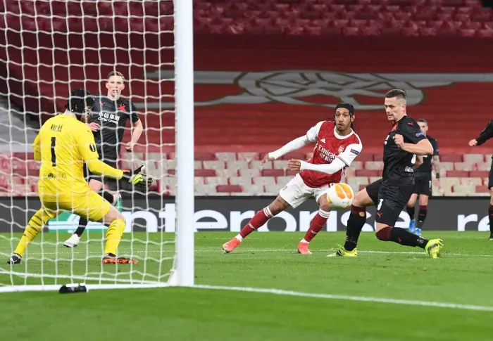 Framed Print : Arsenal's Aubameyang Scores in Empty Emirates: Arsenal FC vs Slavia Praha, UEFA Europa League Quarterfinal (April 2021)
