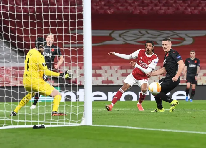 Framed Print : Arsenal's Aubameyang Scores Alone in Empty Emirates Stadium - Arsenal FC vs Slavia Praha, UEFA Europa League Quarterfinal (2021)