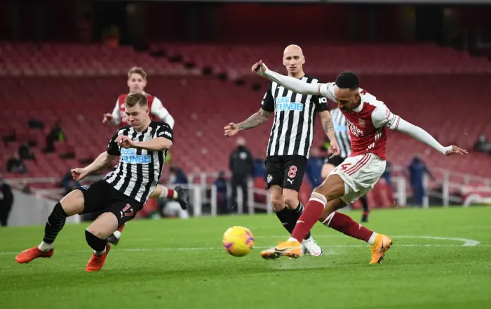Framed Print : Arsenal's Aubameyang Scores First Goal of Empty 2020-21 Season Against Newcastle Framed Print : Arsenal's Aubameyang Scores First Goal of Empty 2020-21 Season Against Newcastle