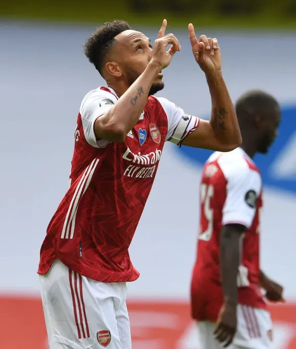 Framed Print : Arsenal's Aubameyang Scores First Goal in Arsenal v Watford Premier League Clash (2019-20)