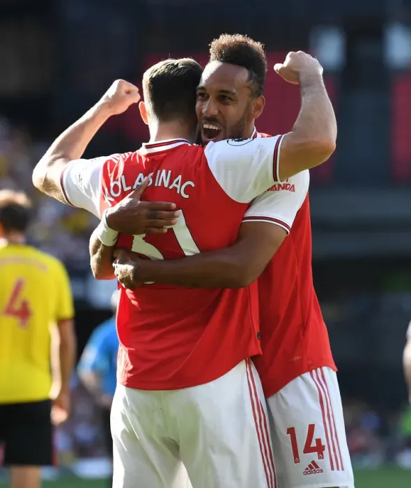 Framed Print : Arsenal's Aubameyang Scores First Goal: Arsenal's Victory Over Watford in Premier League 2019-20