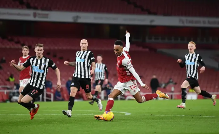 Framed Print : Arsenal's Aubameyang Scores First Goal in Empty Emirates: Arsenal vs. Newcastle (2020-21)