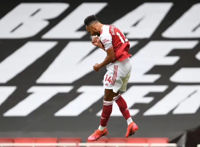 Framed Print : Arsenal's Aubameyang Scores Third Goal in Arsenal's Victory over Watford (2019-20)